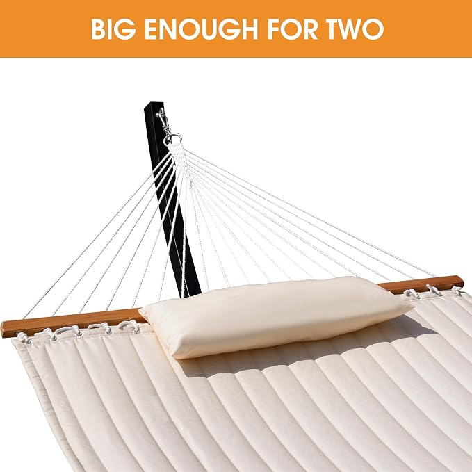 Lazy Daze Hammocks Outside Quilted Hammock with 13 FT Curved Steel Heavy Duty Stand and Pillow for Outdoor, Backyard, Patio, 450 Lbs Capacity, Cream