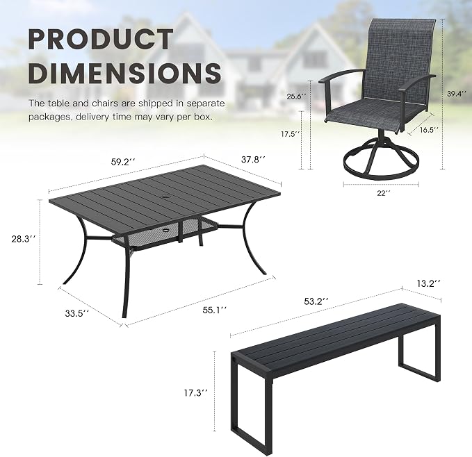 6 Pieces Patio Dining Set with Outdoor Bench, 59.2" Rectangular Patio Dining Table and Swivel Chairs for 6-7 People, Outdoor Furniture Set for Garden Deck, Black