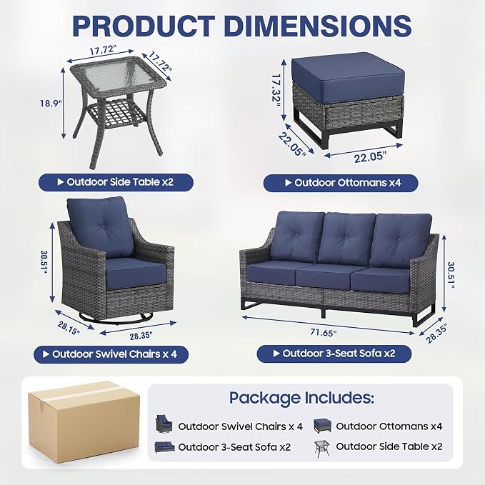 12 Piece Patio Furniture Set, 360°Swivel Glider Patio Chairs Set of 4, Outdoor 4 Ottomans,2 Sofas, 2 Side Tables Comfortable Seating with 6 Inch Thick Cushions, All-Weather Wicker Outdoor Patio Set