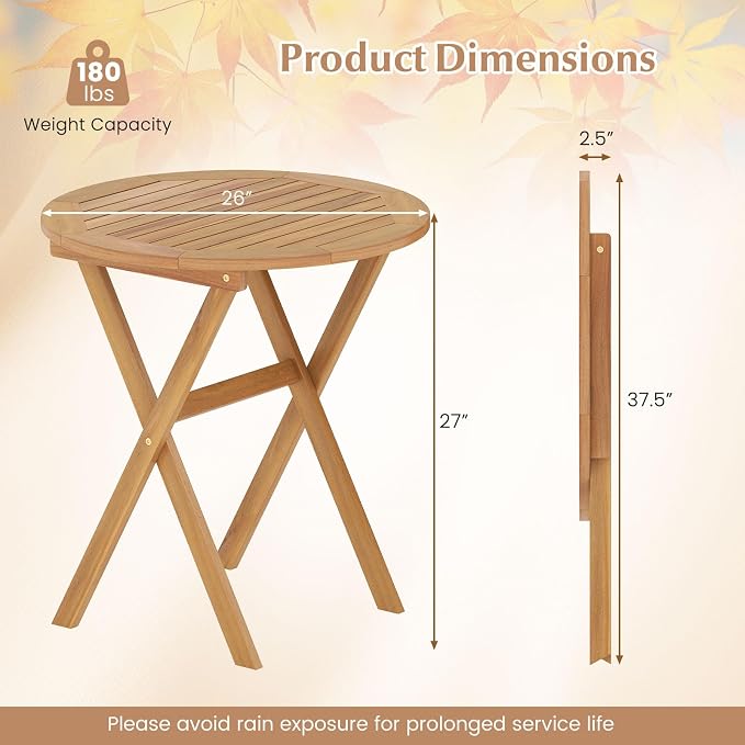 Tangkula 26-Inch Acacia Wood Outdoor Dining Table Set of 2, Folding Patio Round Dining Table with Slatted Tabletop & X-Shaped Frame, for Porch, Garden, Backyard, Poolside (2)
