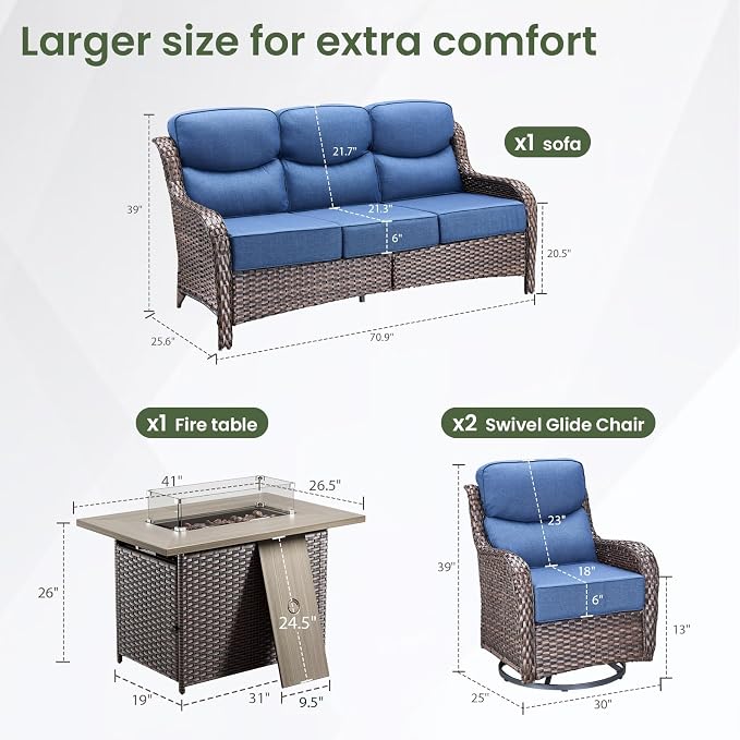 Luxury Patio Furniture Set with 6-inch Thick Cushion, Outdoor Furniture with Fire Pit Table, Swivel Chairs, Sofa, 4pcs Wicker Conversation Set for Deck Yard and Poolside(Brown Wicker/Blue Cushion)