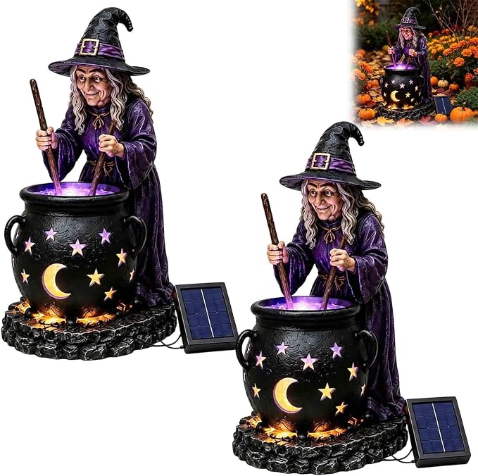 Solar Witch & Glowing Cauldron Halloween Garden Light ，2pc | Solar-powered Halloween Solar Light with glowing cauldron, automatic dusk lighting for garden, porch and pathway décor.