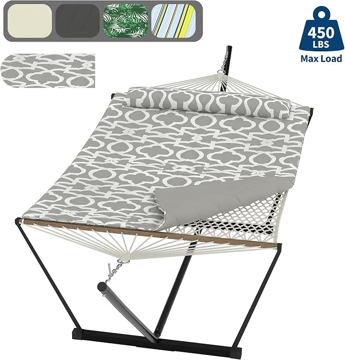 2-Person Quilted Hammock with Stand, Heavy Duty Steel Frame Hammock with Pillow, 450 LB Capacity, for Patio, Backyard, Garden, Multiple Colors