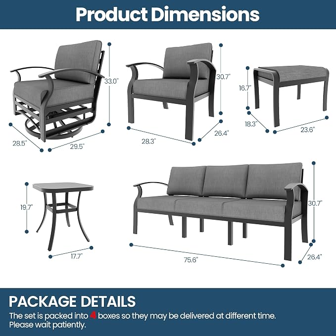 Aluminum Outdoor Patio Furniture Set,7 Seats Patio Conversation Sets with 2 Ottomans,Metal Patio Sectional Furniture Set with 2 Swivel Rocking Chairs,Grey