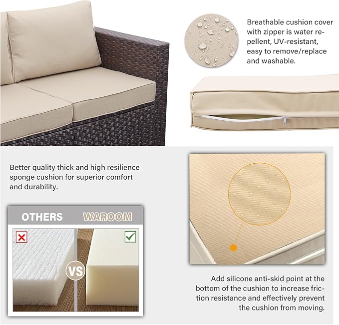 WAROOM Patio Furniture Set 5 Pieces Outdoor Conversation Sets PE Rattan Couch Loveseat Resin Wicker Sectional Sofa with Storage Box Coffee Table and Propane Fire Pit, Khaki Cushion