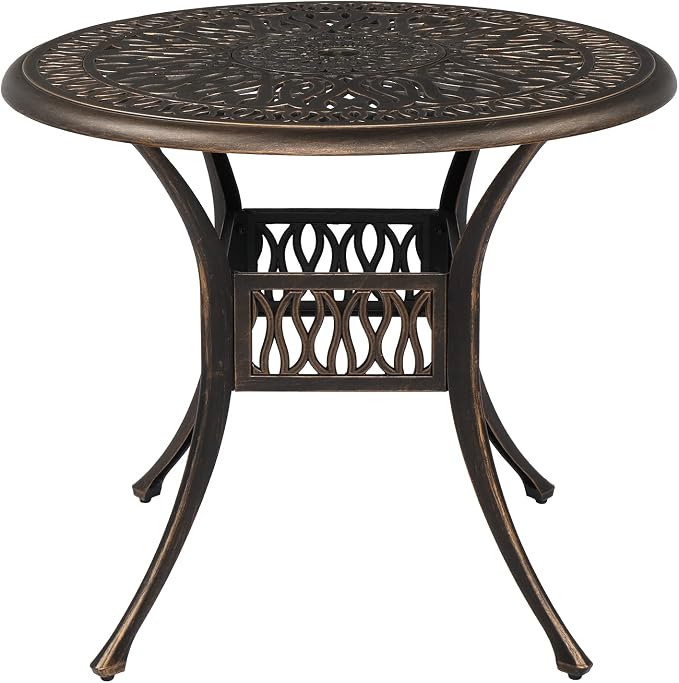 VINGLI 35" Patio Dining Table, Cast Aluminum Round Outdoor Dining Table with Umbrella Hole Outdoor Bar Table, Outdoor Bistro Table Outdoor Furniture Garden Table (35.4”Diax29.5”H)