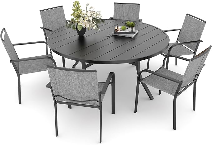 Anmutig 7 Piece Patio Dining Set 54 Inch Round Table Stackable Chairs Grey | Powder-Coated Steel Frame, Quick-Dry Textilene Mesh, Dual-Size Umbrella Hole, Weather Resistant, Patio, Garden, Backyard