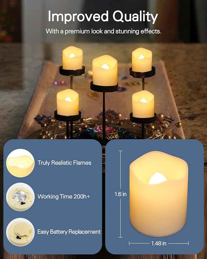 SHYMERY Flameless Votive Candles,Lasts 2X Longer,Battery Operated LED Tea Lights with Warm White Flickering Light,Small Electric Fake Tea Candle Realistic for Wedding,Table,Outdoor,Pack of 12