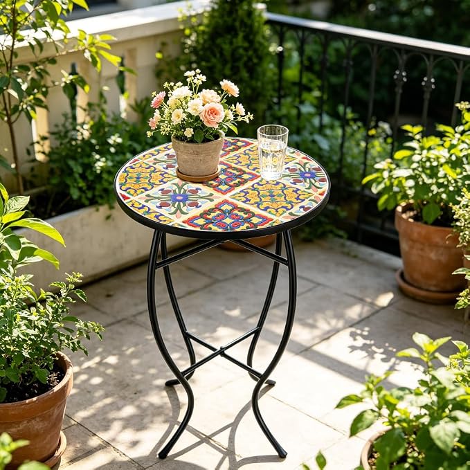 Mosaic Outdoor Side Table Small Round Patio Table Plant Stand | 21" Accent End Table with 14" Ceramic Tile Top for Small Spaces Porch Pool Garden Decor Indoor Living Room Bedroom Balcony