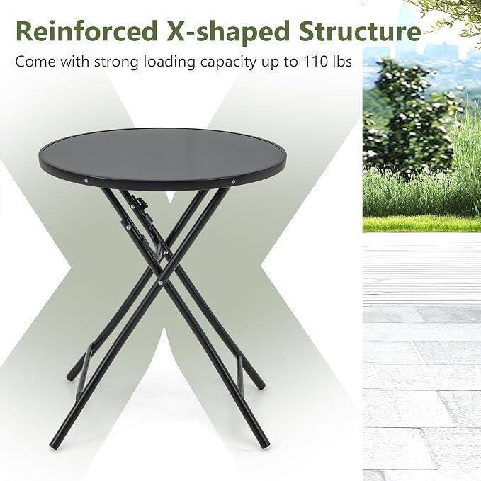 Tangkula 23 Inches Round Folding Table, Outdoor Patio Bistro Table with Tempered Glass Tabletop and Sturdy Metal Frame, Patio Side Table for Porch, Balcony, Deck