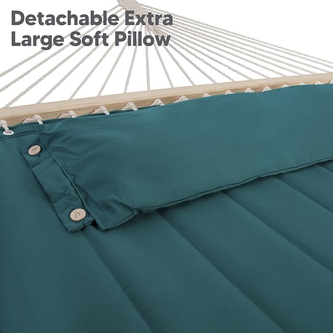 SUNCREAT Hammocks Extra Large Double Hammock with 12 ft Stand for Outside, 475lbs Capacity, Outdoor Portable Hammock with Hardwood Spreader Bar, Extra Large Pillow, Dark Green