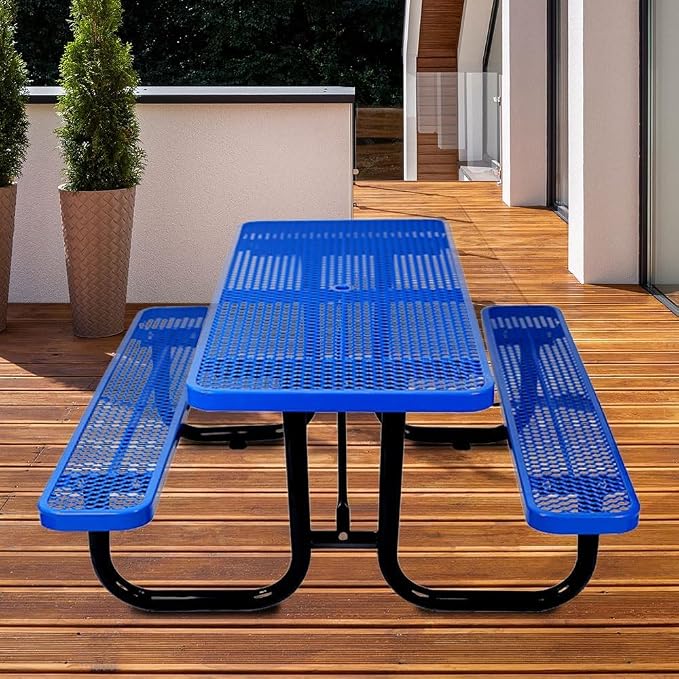 72" Rectangular Metal Picnic Table for 4-8 Person, Durable Heavy Duty Commercial Picnic Table up to 2800 lbs for Outdoor Coffee Shop, School, Hospital, Easy to Install, Blue