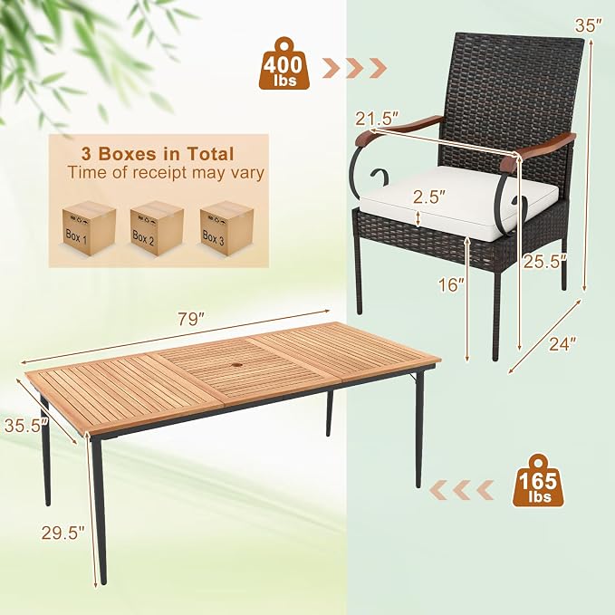 Tangkula 9-Piece Patio Dining Set, 79" Outdoor Dining Table & 8 Rattan-Woven Dining Chairs with Acacia Wood Tabletop, 1.9" Umbrella Hole, Scrollwork Arms, Seat Cushions, for Garden, Porch, Deck