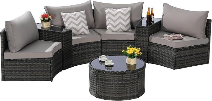 KEIKI 7-Piece Half-Moon Outdoor Patio Furniture Set, Rattan Patio Conversation Set with Coffee Table & 2 Sofa Side Table & 4 Curved Armless Sofa, Wicker Curved Sectional Sofa Set, for Backyard, Gray