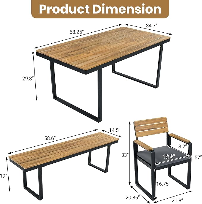 RUNNA Outdoor Dining Set, Acacia Wood,1 Table with 4 Chairs & 1 Bench for 6-7 Person,Comfortable Cushions on Chairs,Adjustable Feet, for Patio, Garden,Backyard Dining (Gray#55)