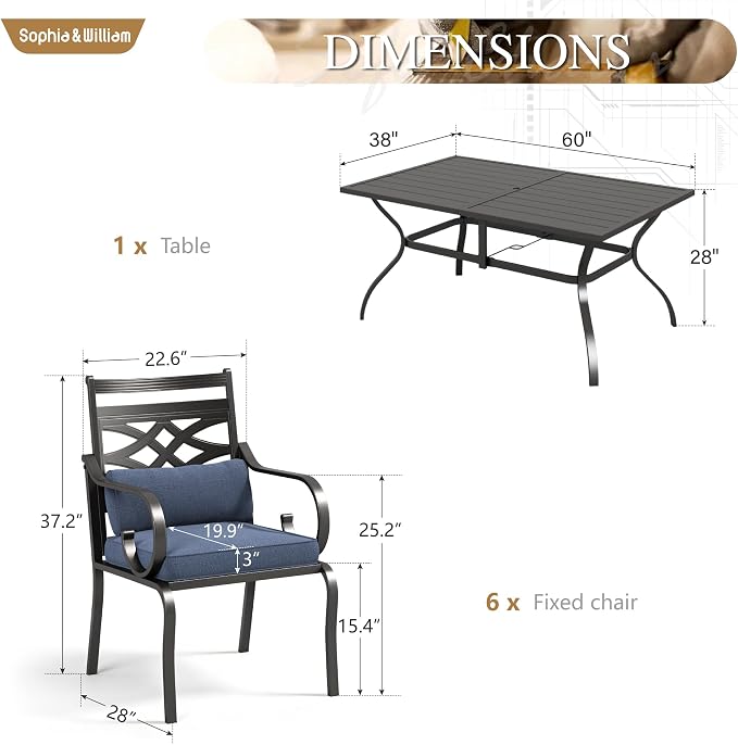 Sophia & William Patio Dining Set, Steel, Black | Umbrella Hole, E-Coated, Cushions Included, For Patio, Garden and Yard