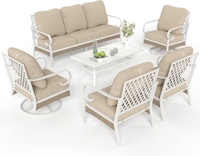 MIXPATIO 6 Piece Patio Furniture Set, 2 x Fixed Chair, 2 x Swivel Chair, 1 x 3-Seat Sofa with Marbling Coffee Table, All Cushioned Outdoor Conversation Set for Lawn Deck Backyard, Beige
