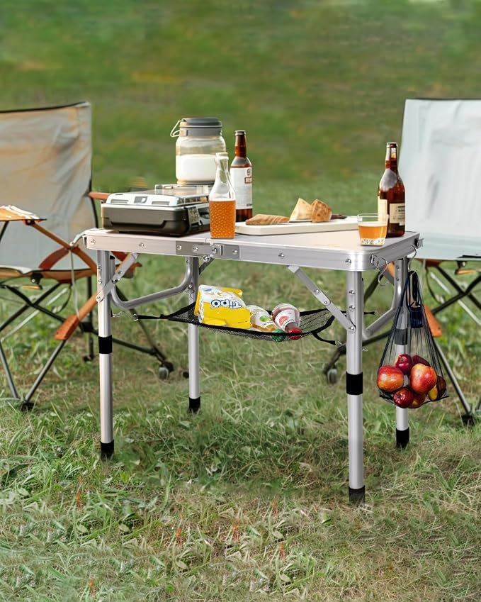 Sportneer Camping Table: Adjustable Height Small Folding Table 23.6" L x 15.7" W 2 Height with Mesh Layer - Compact & Portable Camping Essentials for Outdoor Camp Garden Picnic BBQ Dining Cooking