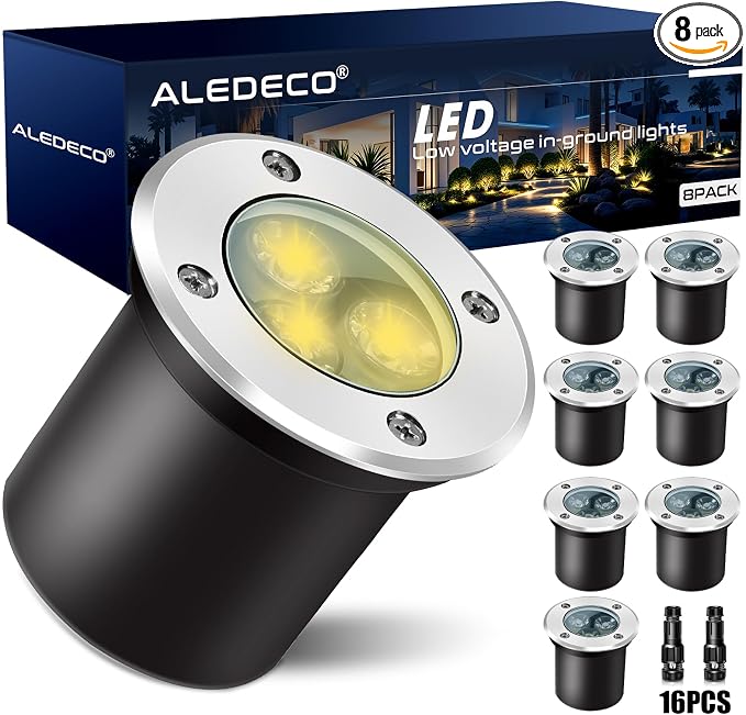 8Pack Low Voltage Landscape Lights with Connectors 3W LED 12-24V In-Ground Lights IP67 Waterproof Garden Lighting 3000K Outdoor Decorative Lights for Yard Pathway Patio (Warm White)