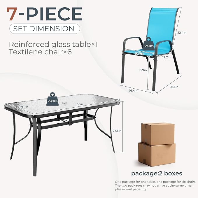 TLSUNNY Patio Dining Set for 6, Outdoor Table and Chairs W/1.69″ Umbrella Hole, 30"X 55" Table and Stackable Textilene Chair, All Weather Patio Furniture Set (Black Table & Sky Blue Chair)
