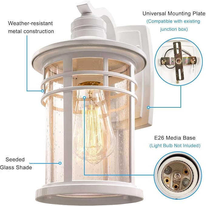 Darkaway Outdoor Porch Lights Wall Mount, Outdoor Light Fixtures Sconces Wall Lighting with Seeded Glass Waterproof Exterior Lights for Patio Yard House Hallway Doorway Garage(2 Pack, White)