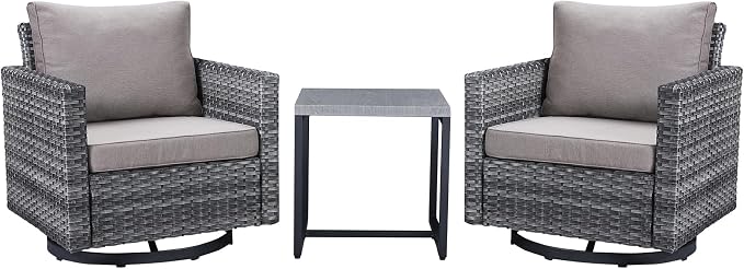 Belord Outdoor Bistro Set 3 Piece Wicker Swivel Rocker Patio Chairs, Oversize Outdoor Rattan Seating Set, Patio Swivel Glider Chairs Wicker Furniture with Metal Side Table for Outside Porch Backyard