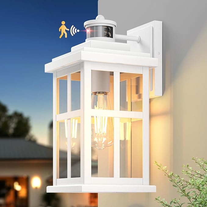 Large White Outdoor Wall Lights, Motion Sensor Porch Light Outdoor, Dusk to Dawn Outdoor Light Fixtures, Waterproof Outside Lights for House, Garden, Front Porch, Tempered Glass, Anti-Rust
