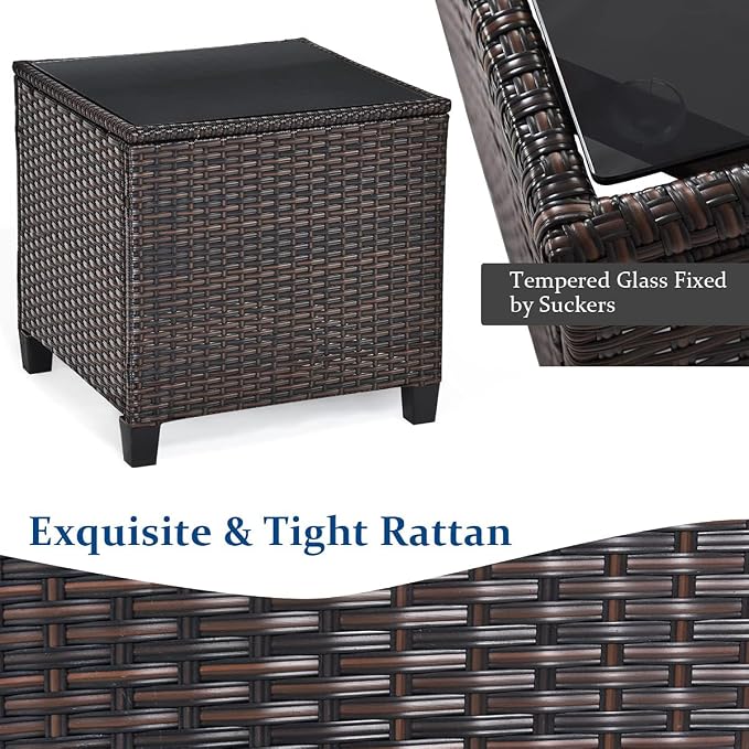 DORTALA Wicker Patio Furniture Set 3 Piece, Outdoor Table and Chairs with Tempered Glass Tabletop, Cushions, Small Rattan Conversation Sofa Set for Balcony, Porch, Backyard, Deck, Black
