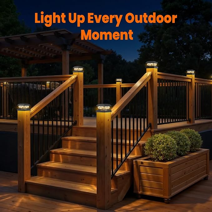 4x4 3.5x3.5 Solar Post Cap Lights 8-Pack Black | 2 Modes (Warm/Cool White), 16LEDs, for Wooden/Vinyl Posts, IP65 Waterproof, Outdoor, for Fence, Deck, Patio, Yard, Porch