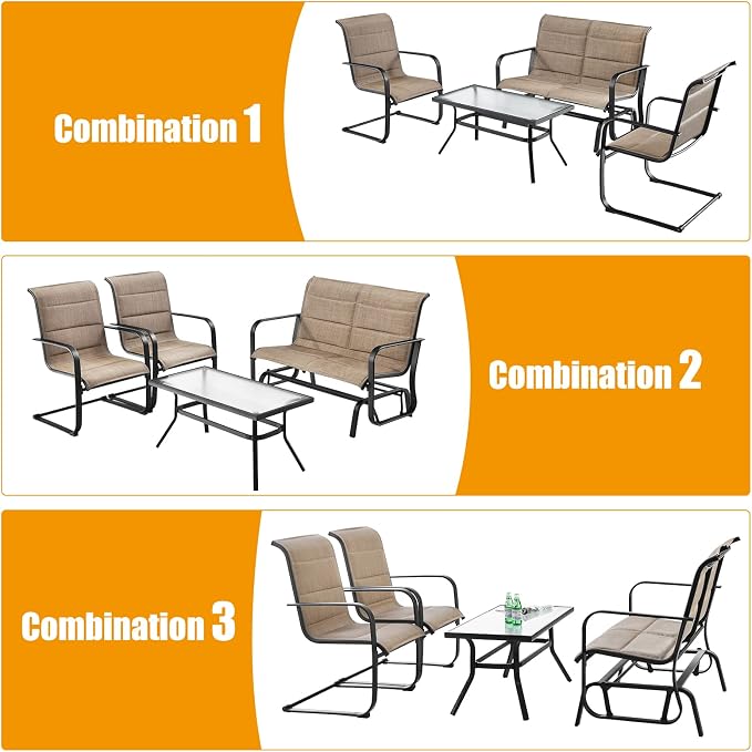 Tangkula 4 Pieces Outdoor Furniture Set, Patio Conversation Set with Coffee Table, 2-Person Swing Glider Loveseat and 2 Spring Motion Dining Chairs, Sectional Sofa Set with Cotton Padded (Brown)
