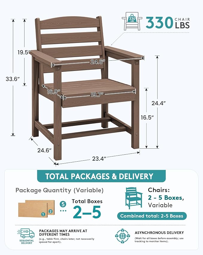 SERWALL Outdoor Dining Chairs Set of 2, All-Weather HDPE Patio Chair with 19.7" Widened Seat, for Backyard, Garden, Brown