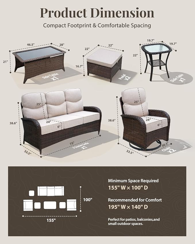 Patio Furniture Set with Luxury 6" Cushions, 7 Pieces High Back Swivel Rocking Patio Chairs, Couch and Ottoman, Outdoor Wicker Conversation Set for Deck, Porch, Backyard, Poolside, Beige