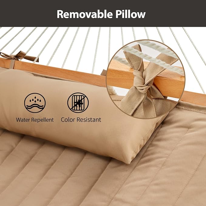 CHULIM Outdoor Double Hammock with Hardwood Spreader Bars, Large Rope Hammock with Polyester Pad and Pillow, 475 LBS Capacity for 2 Person Patio Backyard Poolside - Tan