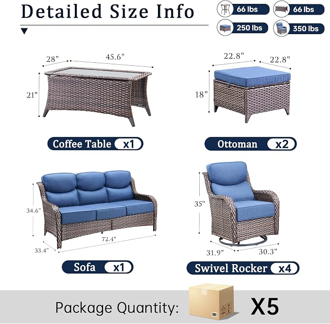 Luxury High Back Outdoor Furniture with 6-Inch Thick Cushions, Patio Furniture Set with Swivel Chairs, 8 PCS Wicker Conversation Set for Porch, Balcony, Deck and Yard