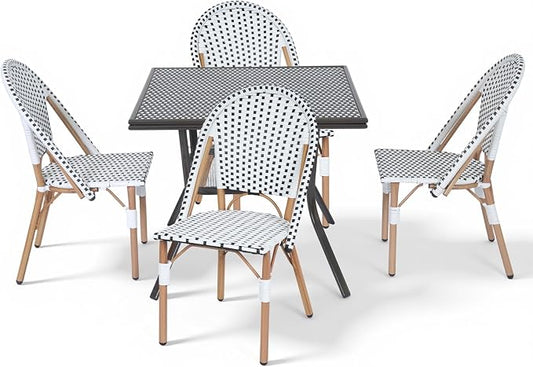 5-Piece Patio Dining Set, Outdoor French Country Bistro Table and Chairs, All-Weather Wicker Square Table & 4 Chairs w/Metal Frame, for Backyard Balcony, Black/White