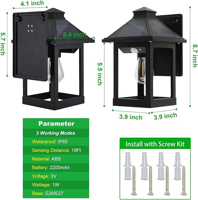 2 Pack Solar Wall Lanterns Outdoor with 3 Modes, Dusk to Dawn Motion Sensor | LED Sconce Lights IP65 Waterproof, Exterior Front Porch Security Lamps Wall Mount Patio Fence Garage Decorative
