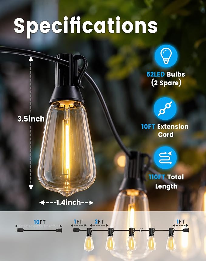 110FT(100+10) String Lights Outdoor, 2FT Bulb Spacing, Waterproof Shatterproof Warm White ST38 LED Edison Bulbs, Extension Cord, Plug in Connectable Hanging Patio Lights for Outside, Backyard