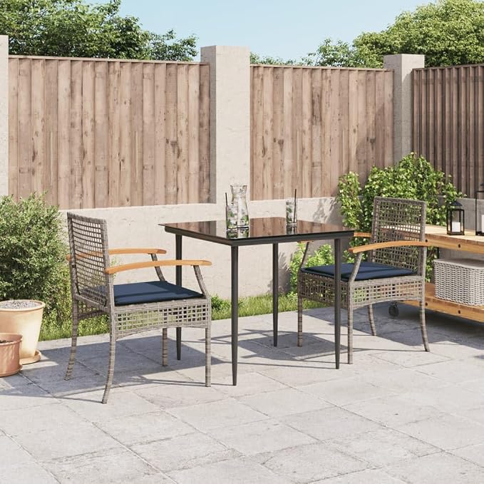 3 Piece Patio Dining Set with Cushions Gray Poly Rattan Outdoor Seating Table and Chairs for Garden Backyard, PE Rattan Steel Frame Tempered Glass Top, Weatherproof UV-Proof, Max 242.5 lb per Seat
