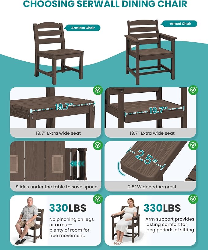 SERWALL 59" Patio Dining Set for 8, HDPE Dining Set, Coffee | Include 2 Rectangular Tables and 8 armless Chairs, All Weather Dining Sets for Garden, Backyard