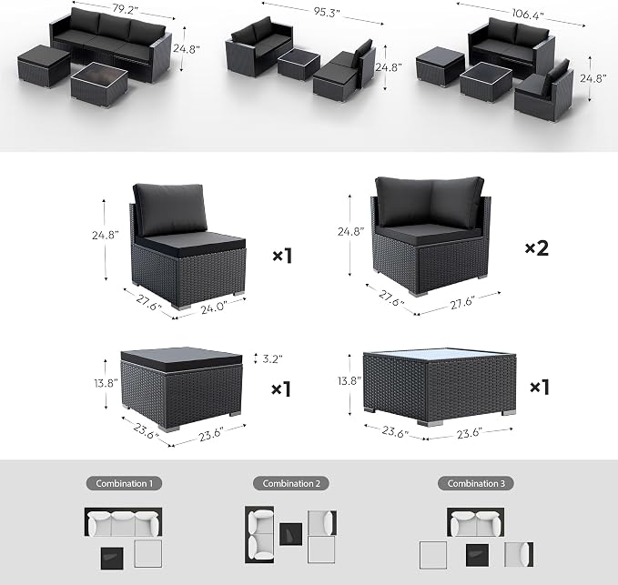 WWR Patio Furniture Set 5 Piece - Wide Armrests - All-Weather Wicker Rattan Outdoor Conversation Couch Sets, Modular Sectional Sofa for Garden, Patio, Poolside, Backyard, Balcony, Porch