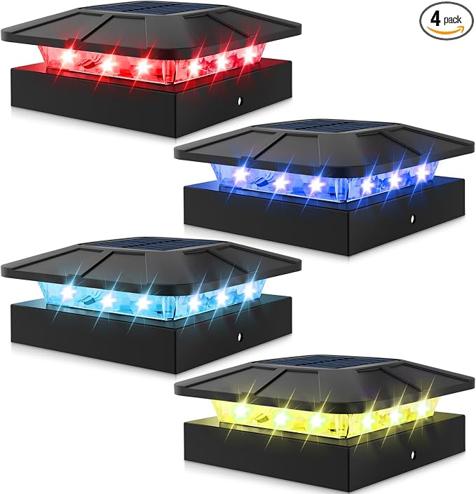4x4 Solar Post Cap Lights Outdoor RGB Color Changing, 4 Pack LED Post Top Light Solar Powered Waterproof, Fence Deck Lighting for Wood/Vinyl Posts for Outside Porch Yard Railing