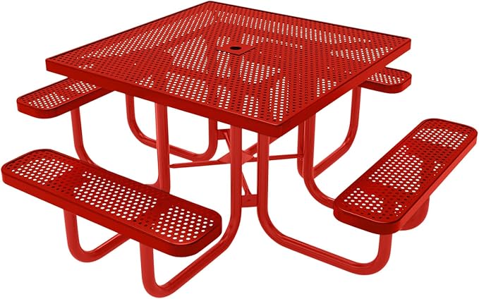 COATEDOUTDOORFURNITURE Heavy-Duty Portable Outdoor Picnic Table with Umbrella Hole, Punched Steel Commercial-Grade Patio Furniture Made in America (46" Square Top, Red with Red Frames)