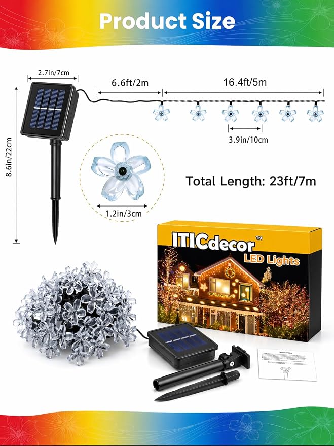 ITICdecor Solar Flower String Lights Outdoor Waterproof 50 LED Solar Powered Fairy Lights for Garden, Fence, Patio, Yard, Christmas Tree & Party Decor (Multi-Color)