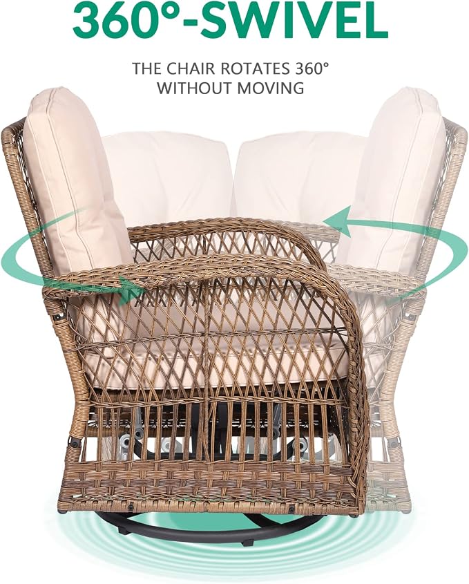 VIVIJASON 3-Piece Outdoor Conversation Bistro Set, Patio Swivel Glider Rocking Chairs Rattan Furniture Sets w/ 2 Rattan Chairs, Cushions, Glass Top Side Table for Porch Backyard, Light Brown