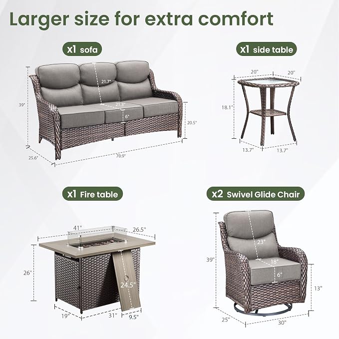 Luxury Patio Furniture Set with 6-inch Thick Cushion, Outdoor Furniture with Fire Pit Table, Swivel Chairs, Side Table, Sofa, 5pcs Wicker Conversation Set for Deck Yard (Brown Wicker/Grey Cushion)