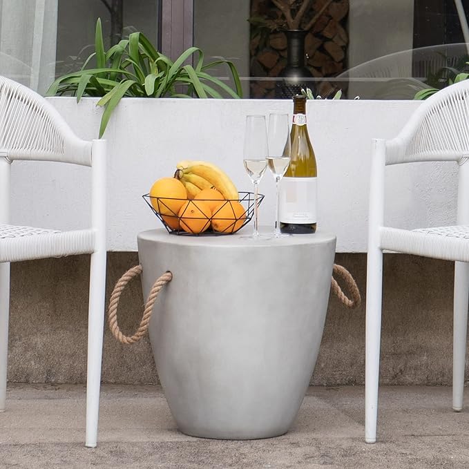 COSIEST Outdoor Shaped Side Table with Concrete Top & Hemp Rope Handles, 17'' Patio Accent Table for Garden