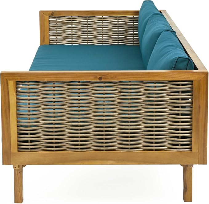 Christopher Knight Home Charm Patio Conversation Set, 3 Seater Acacia Wood Sofa, Spacious Seating Wicker Armrest Chair, Wood Coffee Table, Round Side Table, Outdoor Furniture for Garden, Dark Teal