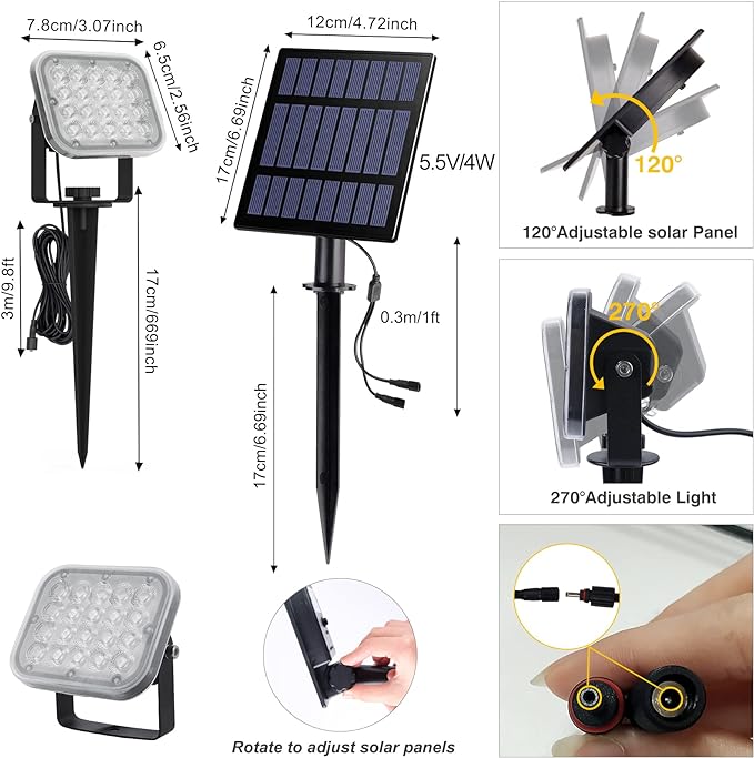 Solar Spot Lights Outdoor, 20 LED IP65 Waterproof Solar Landscape Spotlights, Dusk-to-Dawn 3000K Warm White Outdoor Spot Light Lighting for Yard Garden Driveway Porch Walkway, 4-in-1
