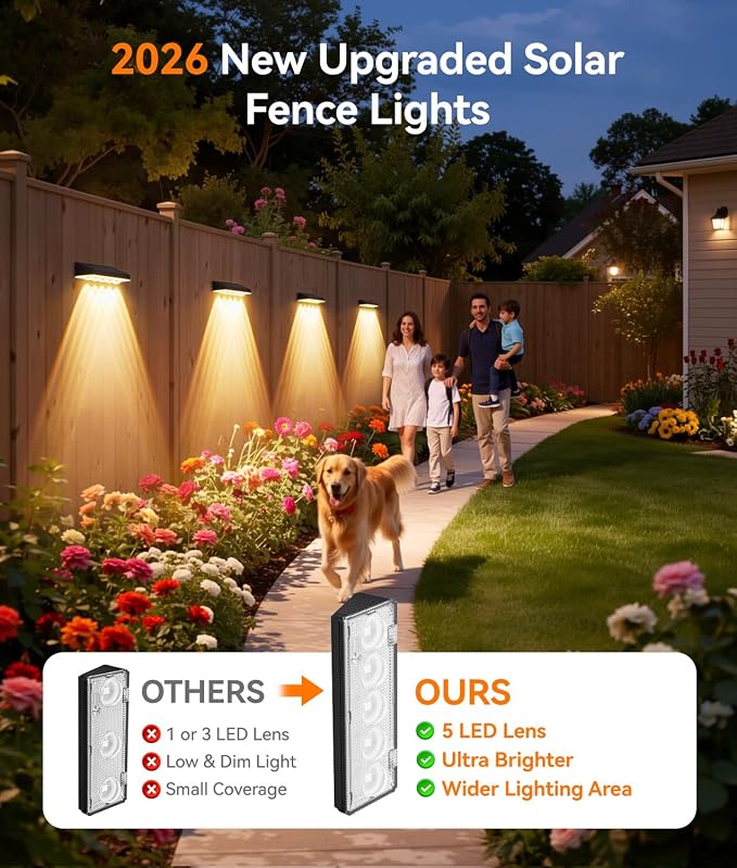 KOOPER Solar Fence Lights Outdoor Waterproof, 12 Pack Warm White & 9 Fixed Colors & Color Changing Fence Lights Solar Powered, Solar Lights Outdoor Fence for Outside Backyard Railing Patio Wall Deck
