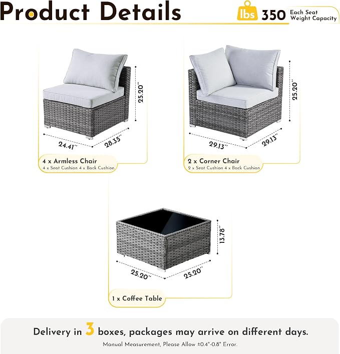 Weaxty 7 Pieces Outdoor Patio Furniture Set,Wicker Sectional Sofa Couch with Thicken Cushion and Glass Coffee Table,All Weather Rattan Patio Conversation Sets for Porch,Poolside,Backyard,Light Gray